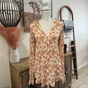 Free People Floral V-Neck Long Sleeve Top